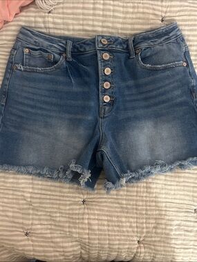 Zenana Outfitters Distressed Light Blue Button-Fly Denim Shorts
